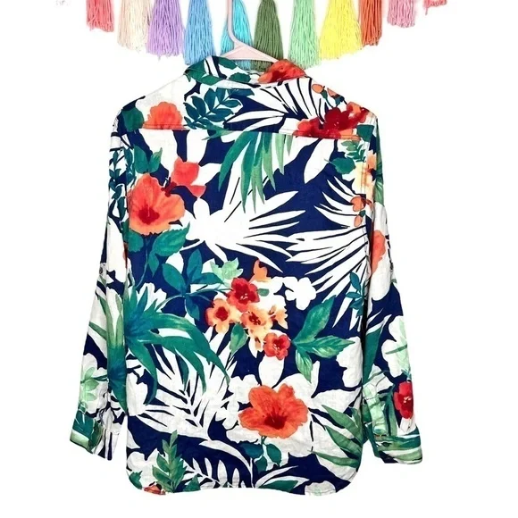 Tommy Bahama Victoria Bloom Floral Tropical Long Sleeve Palm Leaf Blouse Medium - Picture 6 of 13